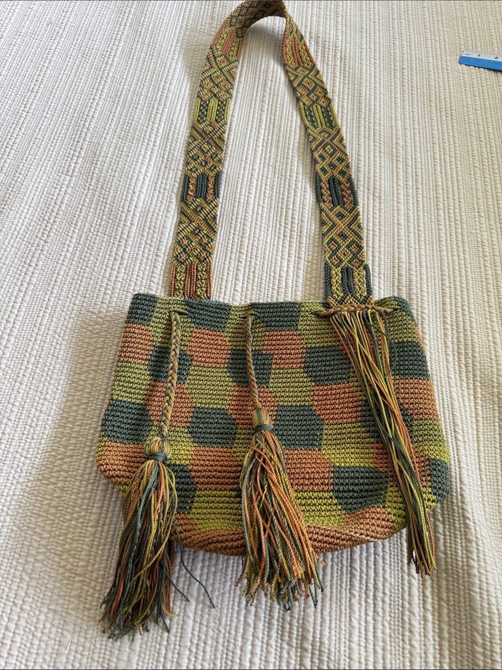 Crochet Wayuu Style Geometric Design Bag in with Tassel Accents